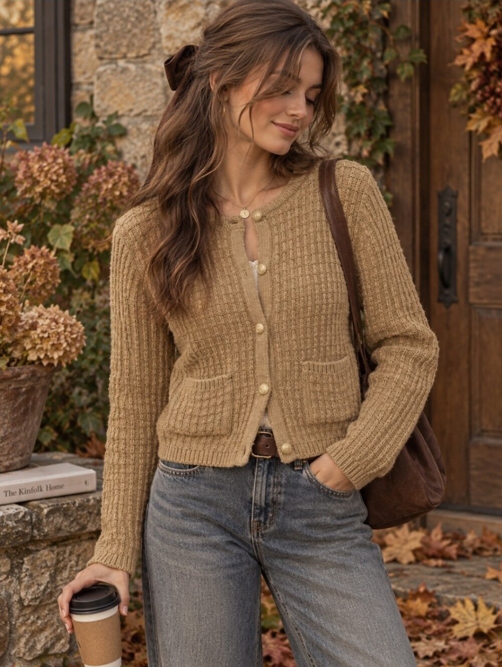 Mango Tan/Camel Old Money Ribbed Knit Gold Button-Front Cardigan Medium